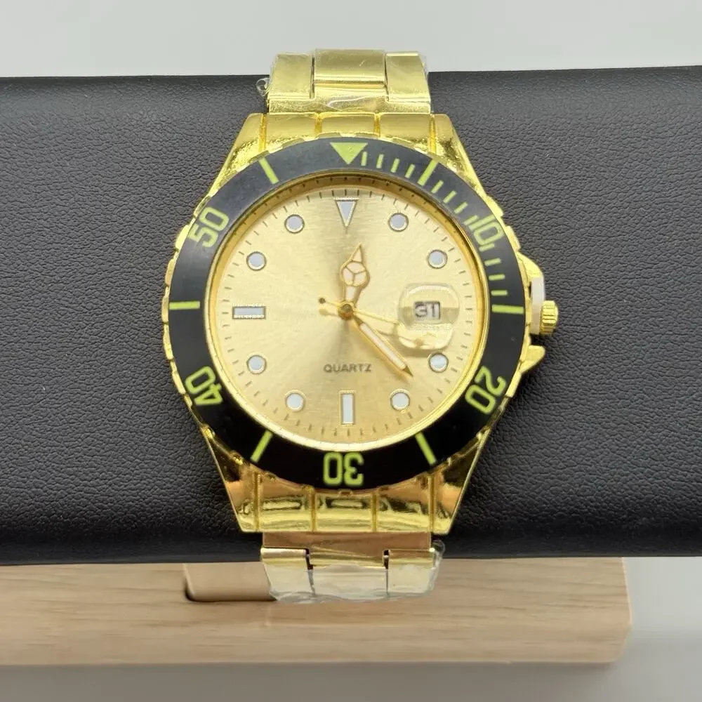 Men's Gold Dial Quartz Watch Stainless Steel Submariner Style Sports Wristwatch